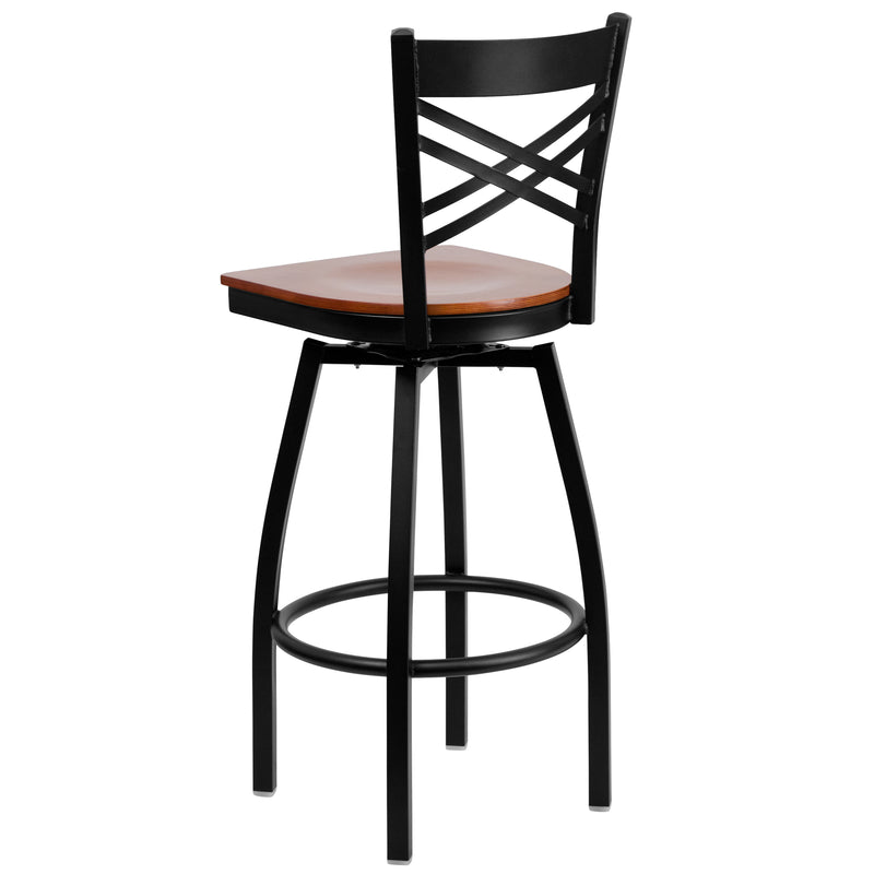 SINGLEWAVE Series Black ''X'' Back Swivel Metal Barstool - Cherry Wood Seat