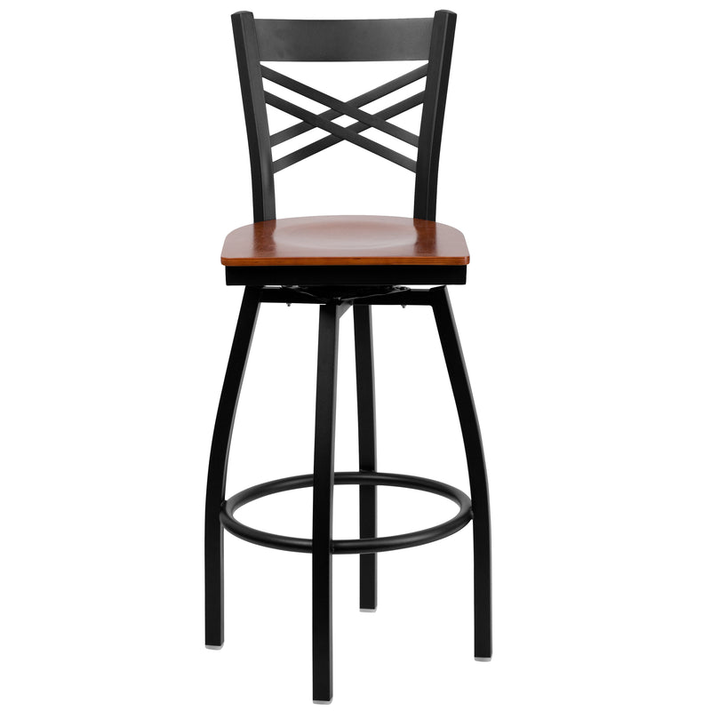 SINGLEWAVE Series Black ''X'' Back Swivel Metal Barstool - Cherry Wood Seat