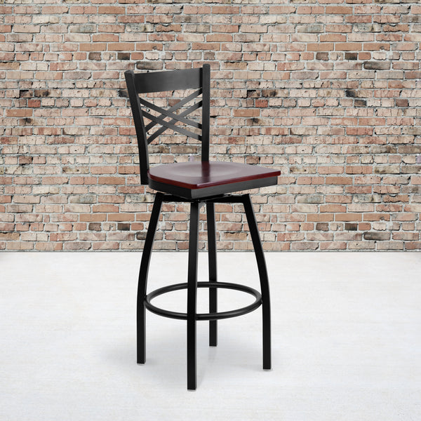 SINGLEWAVE Series Black ''X'' Back Swivel Metal Barstool - Mahogany Wood Seat