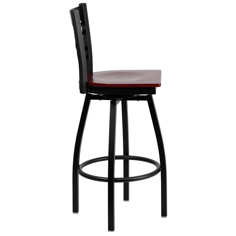 SINGLEWAVE Series Black ''X'' Back Swivel Metal Barstool - Mahogany Wood Seat