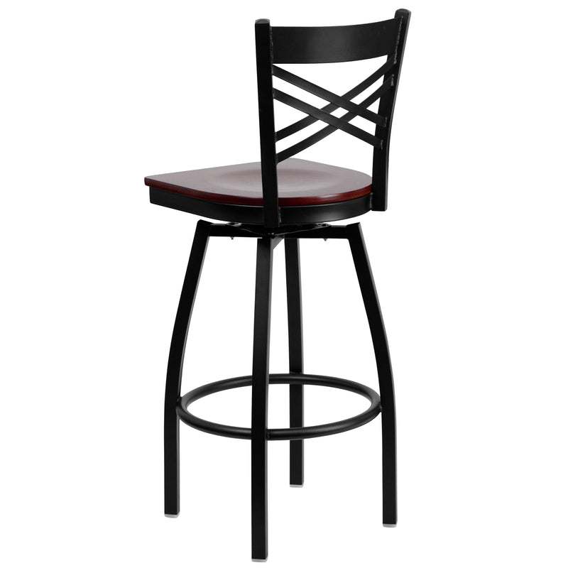 SINGLEWAVE Series Black ''X'' Back Swivel Metal Barstool - Mahogany Wood Seat