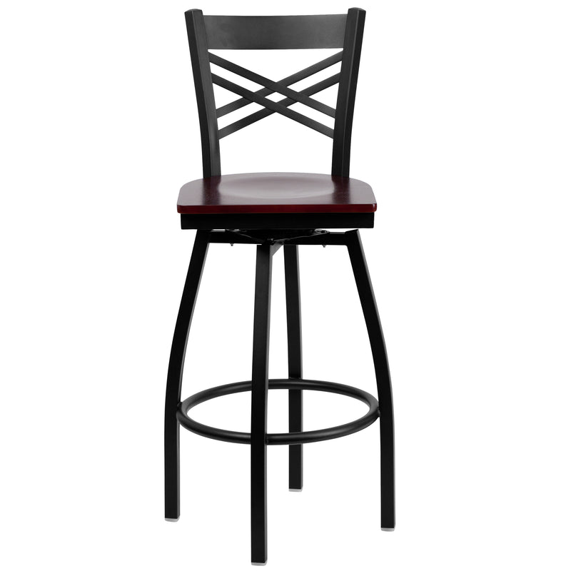 SINGLEWAVE Series Black ''X'' Back Swivel Metal Barstool - Mahogany Wood Seat