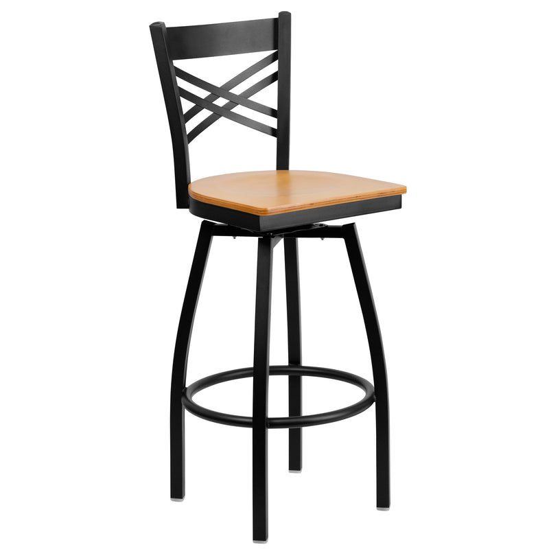 SINGLEWAVE Series Black ''X'' Back Swivel Metal Barstool - Natural Wood Seat