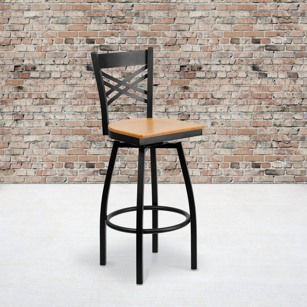 SINGLEWAVE Series Black ''X'' Back Swivel Metal Barstool - Natural Wood Seat