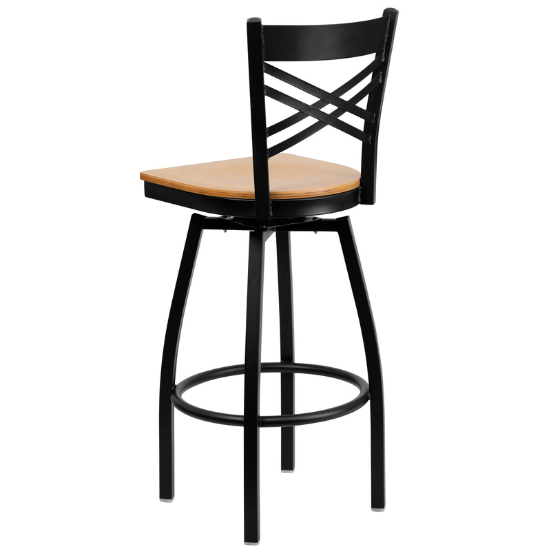 SINGLEWAVE Series Black ''X'' Back Swivel Metal Barstool - Natural Wood Seat