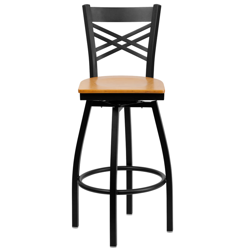 SINGLEWAVE Series Black ''X'' Back Swivel Metal Barstool - Natural Wood Seat