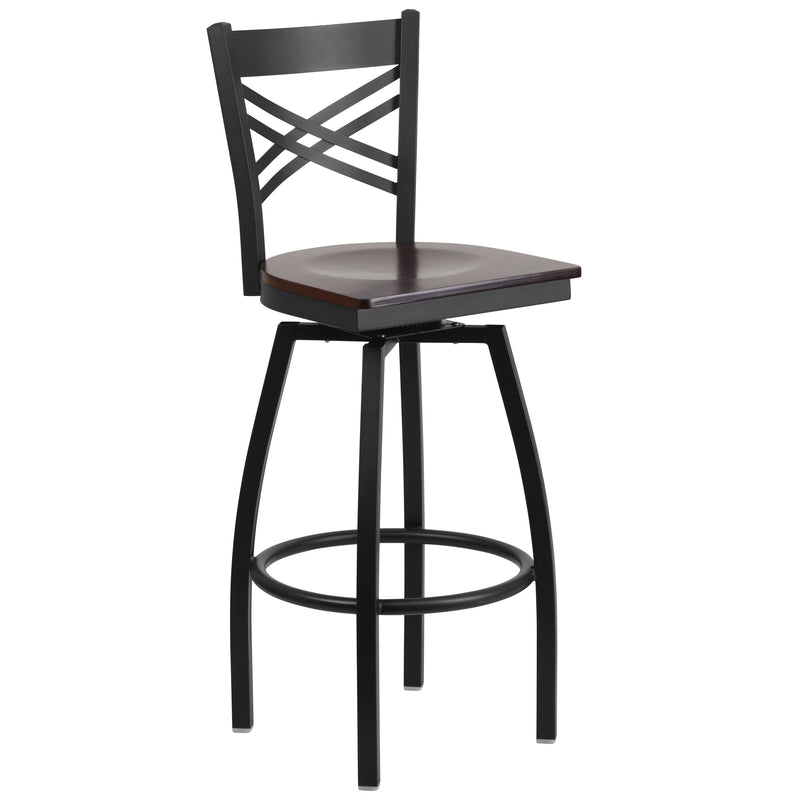 SINGLEWAVE Series Black ''X'' Back Swivel Metal Barstool - Walnut Wood Seat