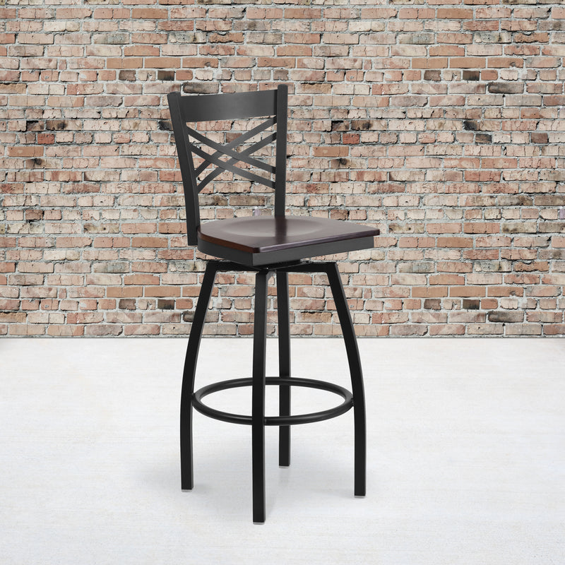 SINGLEWAVE Series Black ''X'' Back Swivel Metal Barstool - Walnut Wood Seat