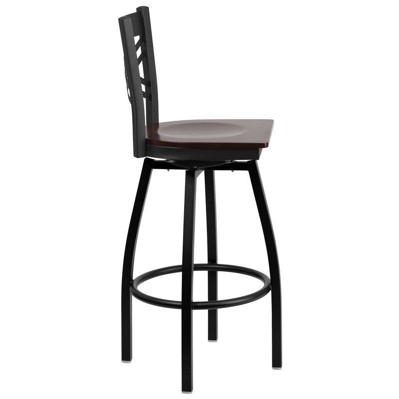 SINGLEWAVE Series Black ''X'' Back Swivel Metal Barstool - Walnut Wood Seat