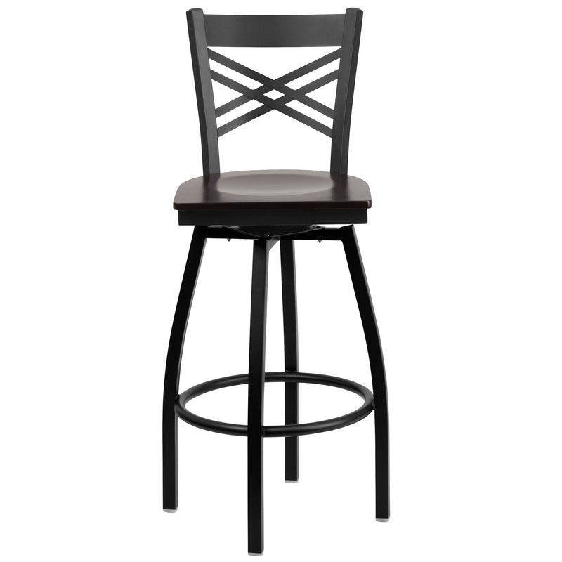 SINGLEWAVE Series Black ''X'' Back Swivel Metal Barstool - Walnut Wood Seat