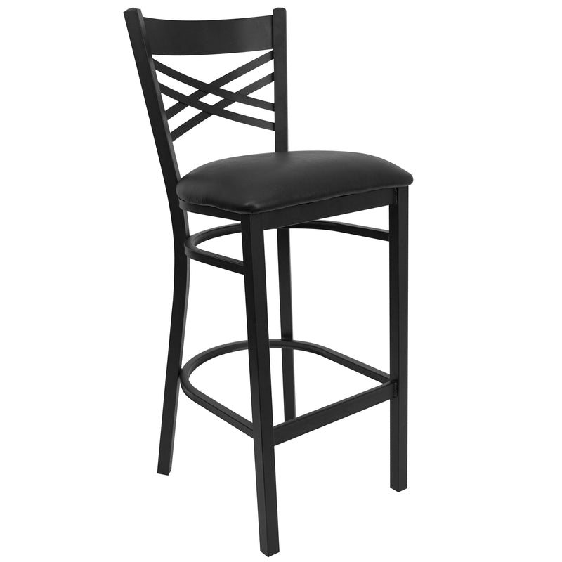 SINGLEWAVE Series Black ''X'' Back Metal Restaurant Barstool - Black Vinyl Seat