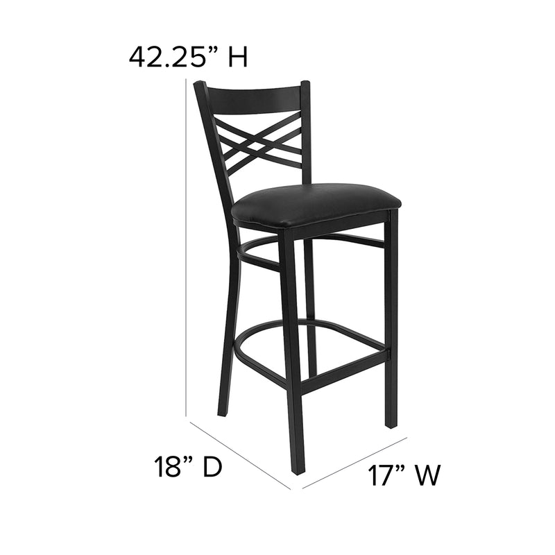 SINGLEWAVE Series Black ''X'' Back Metal Restaurant Barstool - Black Vinyl Seat