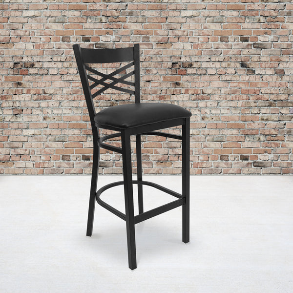 SINGLEWAVE Series Black ''X'' Back Metal Restaurant Barstool - Black Vinyl Seat