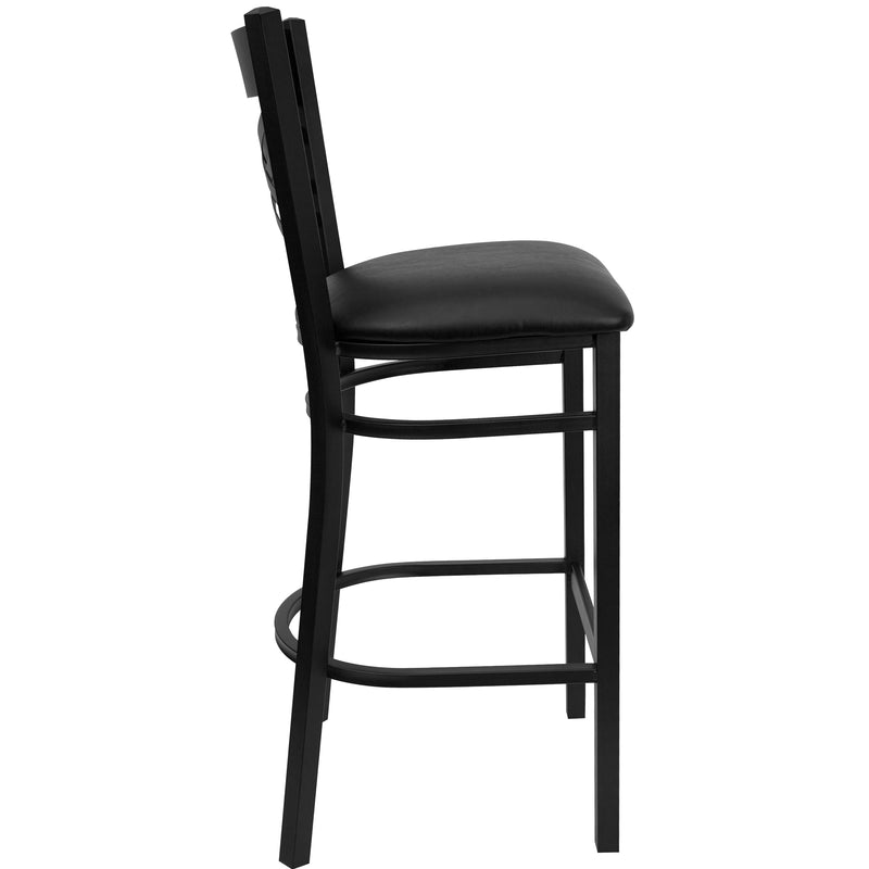 SINGLEWAVE Series Black ''X'' Back Metal Restaurant Barstool - Black Vinyl Seat