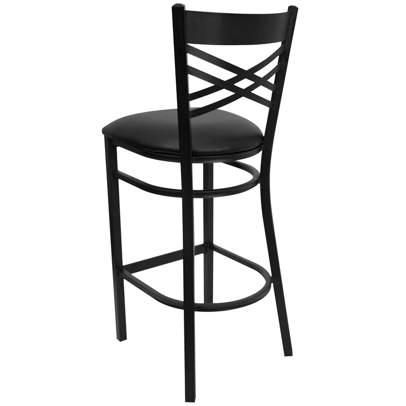 SINGLEWAVE Series Black ''X'' Back Metal Restaurant Barstool - Black Vinyl Seat