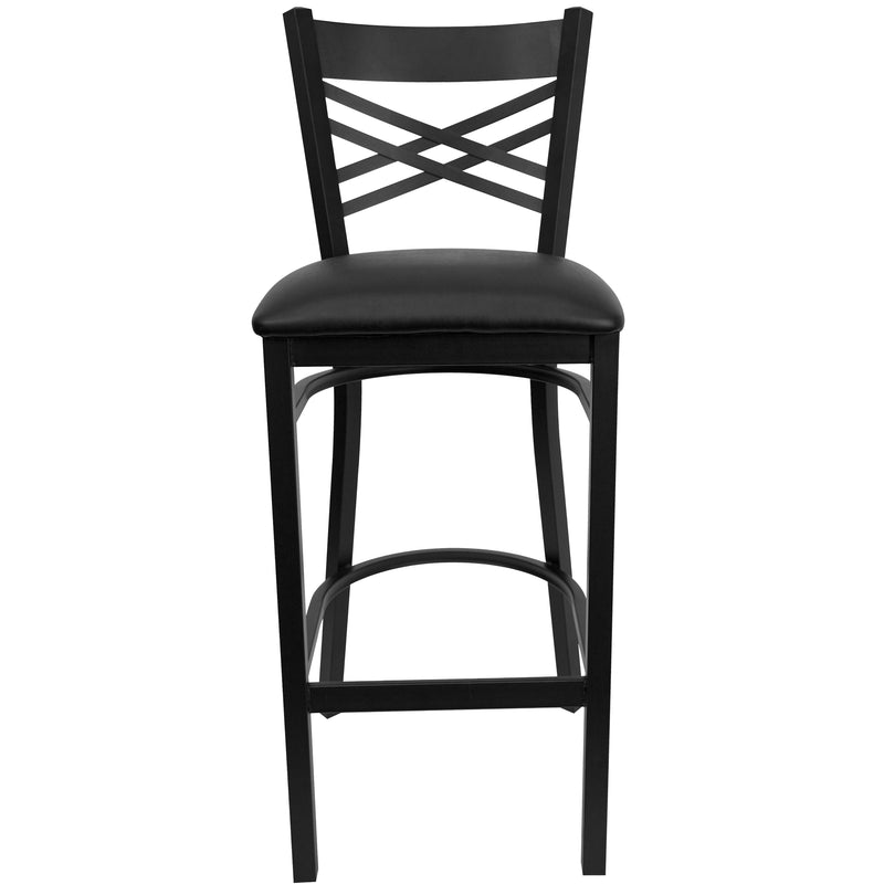 SINGLEWAVE Series Black ''X'' Back Metal Restaurant Barstool - Black Vinyl Seat