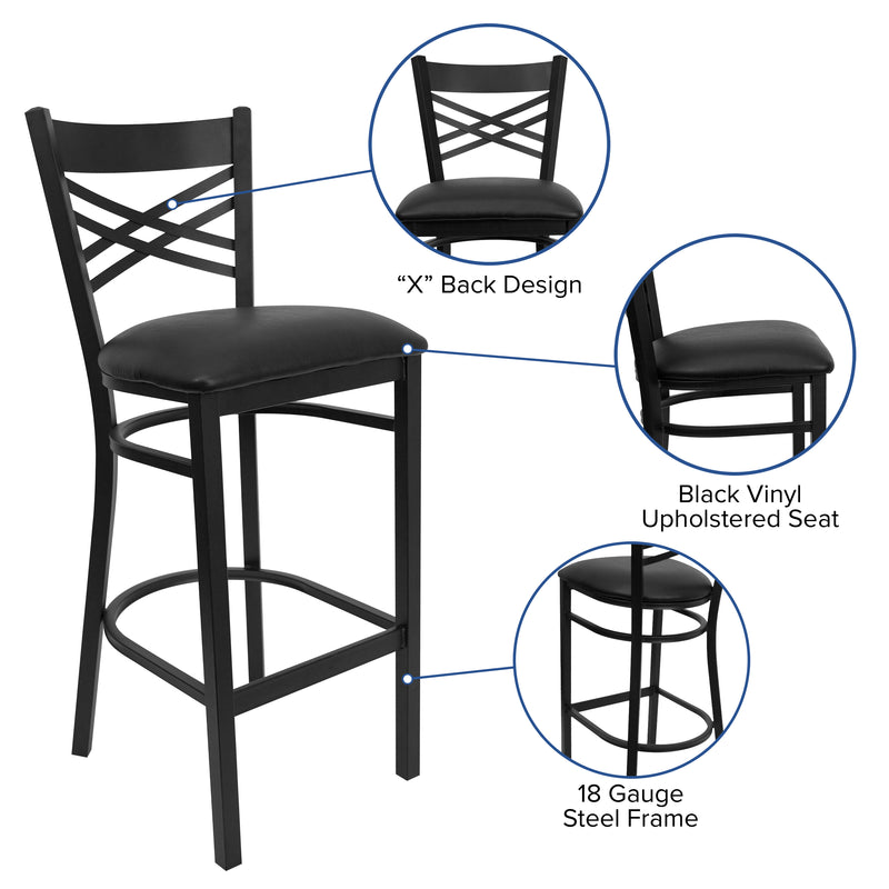 SINGLEWAVE Series Black ''X'' Back Metal Restaurant Barstool - Black Vinyl Seat