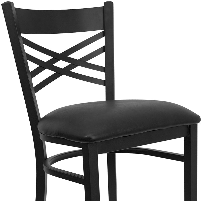 SINGLEWAVE Series Black ''X'' Back Metal Restaurant Barstool - Black Vinyl Seat