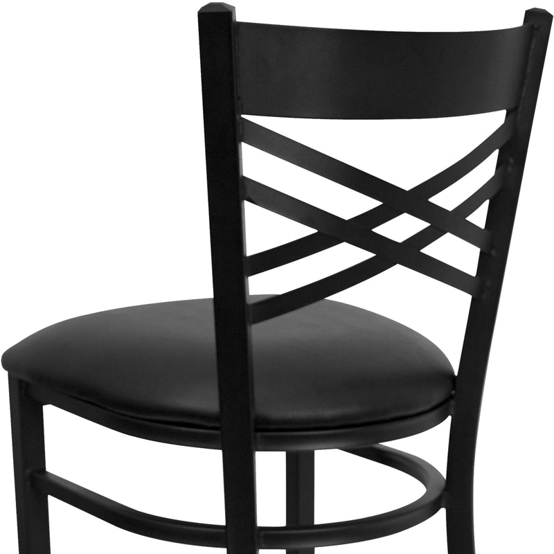 SINGLEWAVE Series Black ''X'' Back Metal Restaurant Barstool - Black Vinyl Seat