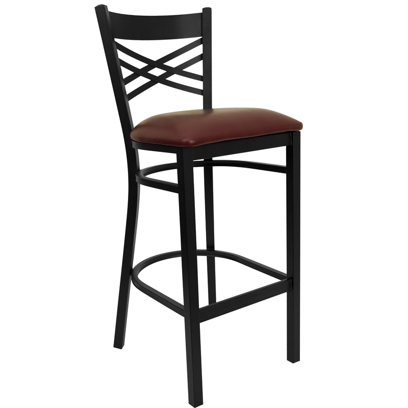 SINGLEWAVE Series Black ''X'' Back Metal Restaurant Barstool - Burgundy Vinyl Seat