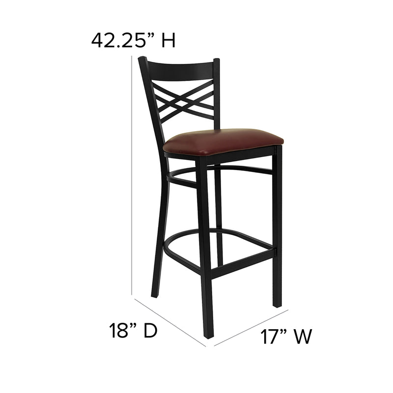 SINGLEWAVE Series Black ''X'' Back Metal Restaurant Barstool - Burgundy Vinyl Seat