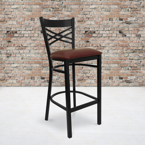 SINGLEWAVE Series Black ''X'' Back Metal Restaurant Barstool - Burgundy Vinyl Seat