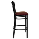 SINGLEWAVE Series Black ''X'' Back Metal Restaurant Barstool - Burgundy Vinyl Seat