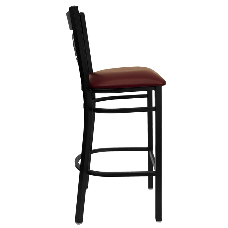 SINGLEWAVE Series Black ''X'' Back Metal Restaurant Barstool - Burgundy Vinyl Seat