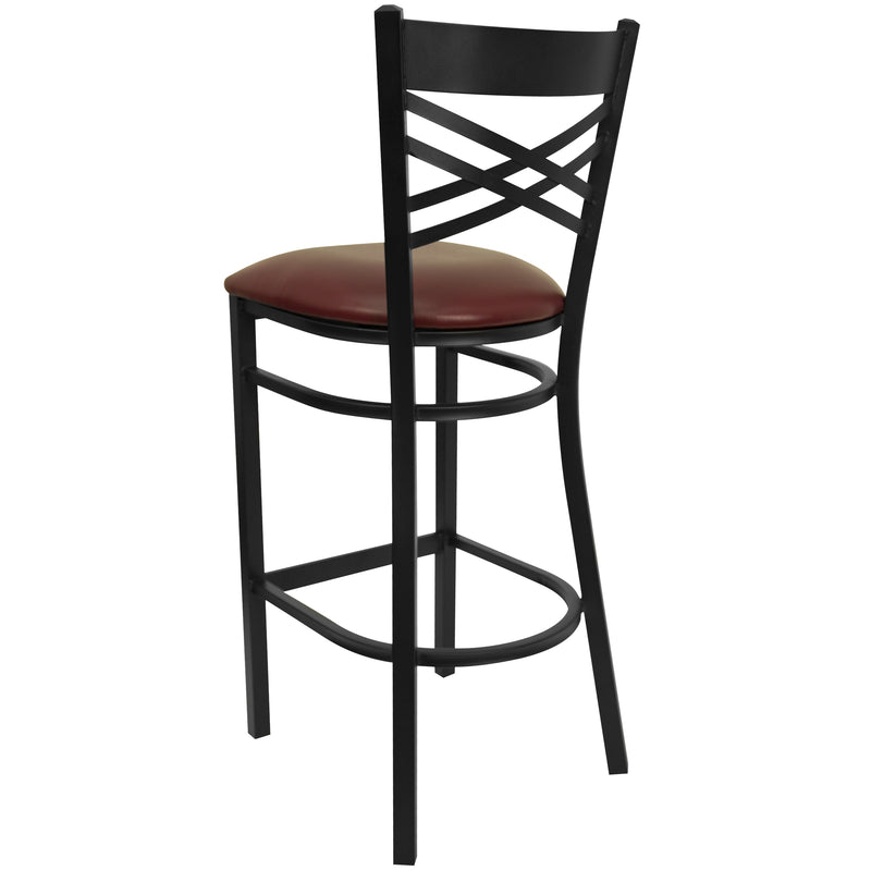 SINGLEWAVE Series Black ''X'' Back Metal Restaurant Barstool - Burgundy Vinyl Seat