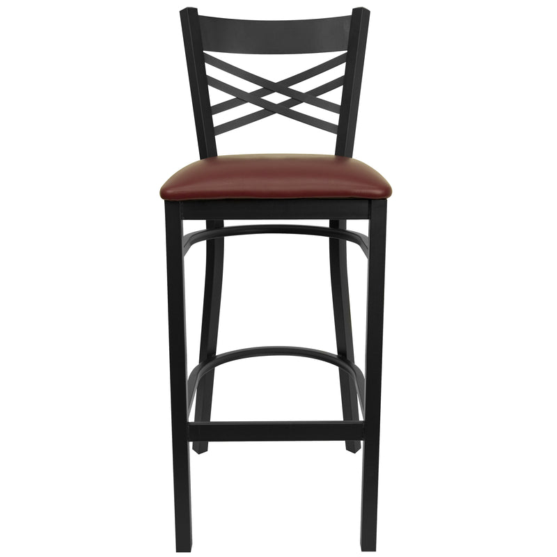 SINGLEWAVE Series Black ''X'' Back Metal Restaurant Barstool - Burgundy Vinyl Seat