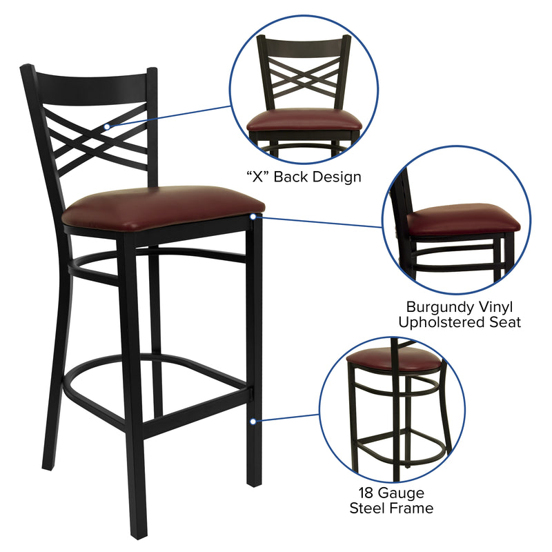 SINGLEWAVE Series Black ''X'' Back Metal Restaurant Barstool - Burgundy Vinyl Seat