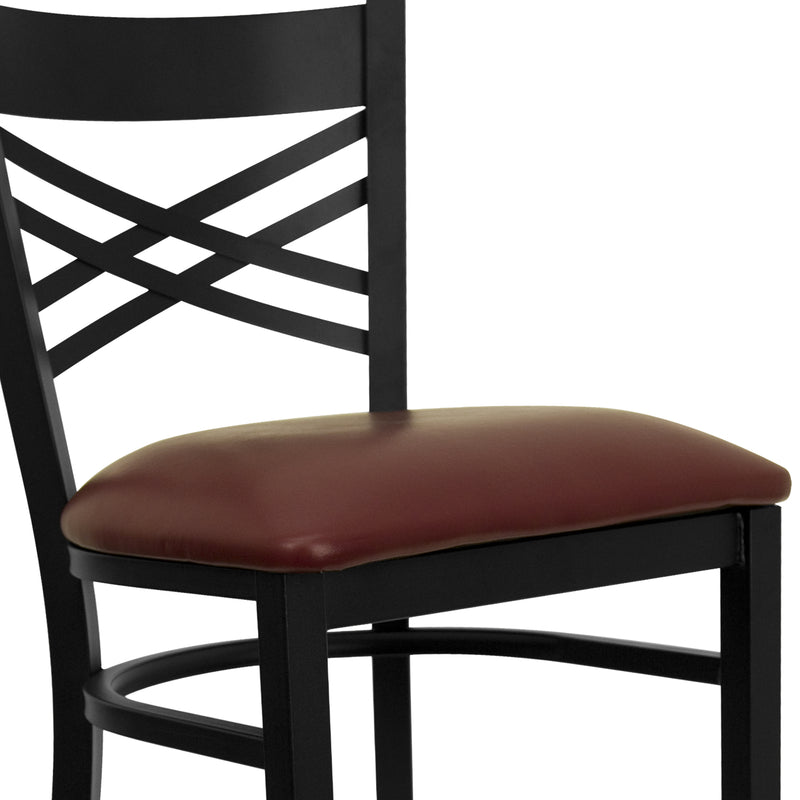 SINGLEWAVE Series Black ''X'' Back Metal Restaurant Barstool - Burgundy Vinyl Seat