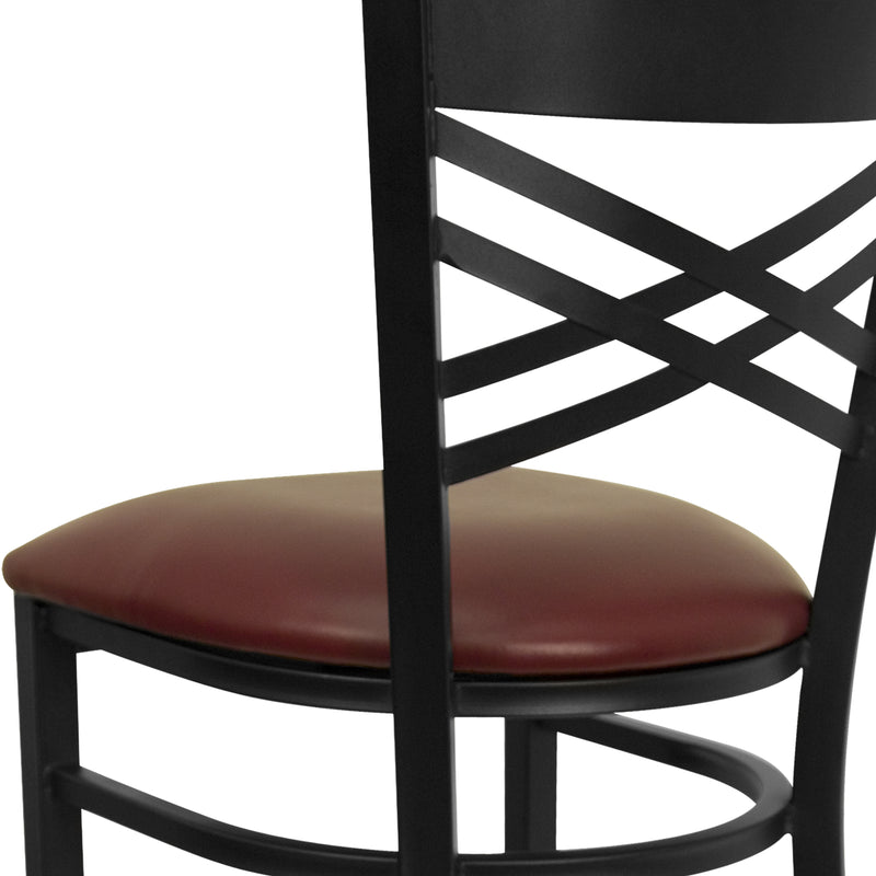 SINGLEWAVE Series Black ''X'' Back Metal Restaurant Barstool - Burgundy Vinyl Seat