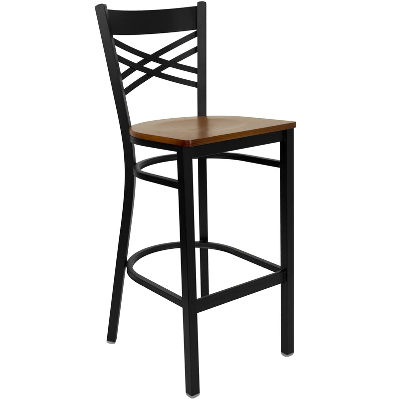 SINGLEWAVE Series Black ''X'' Back Metal Restaurant Barstool - Cherry Wood Seat