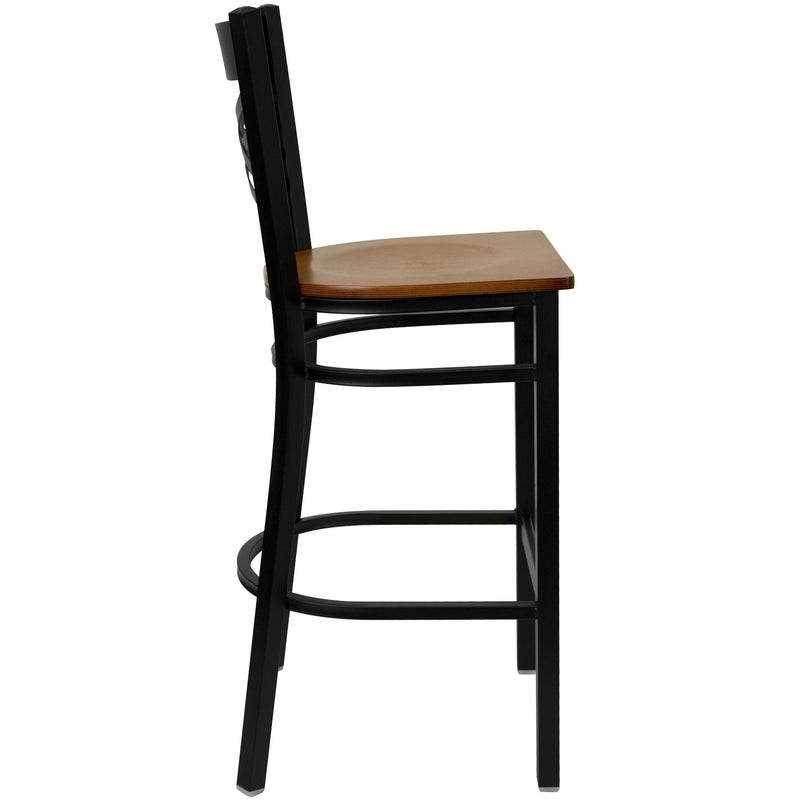 SINGLEWAVE Series Black ''X'' Back Metal Restaurant Barstool - Cherry Wood Seat