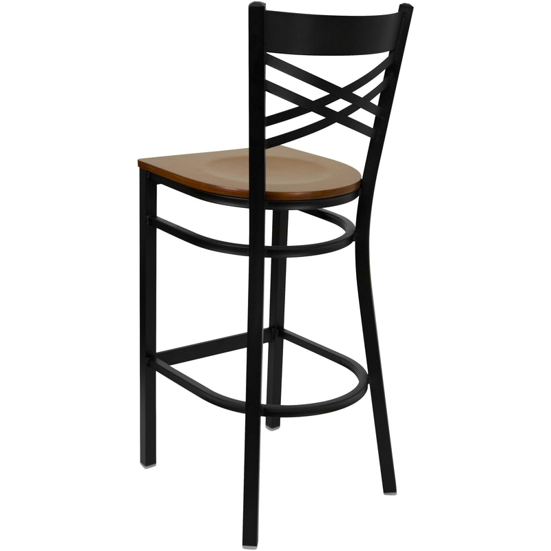 SINGLEWAVE Series Black ''X'' Back Metal Restaurant Barstool - Cherry Wood Seat