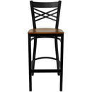 SINGLEWAVE Series Black ''X'' Back Metal Restaurant Barstool - Cherry Wood Seat
