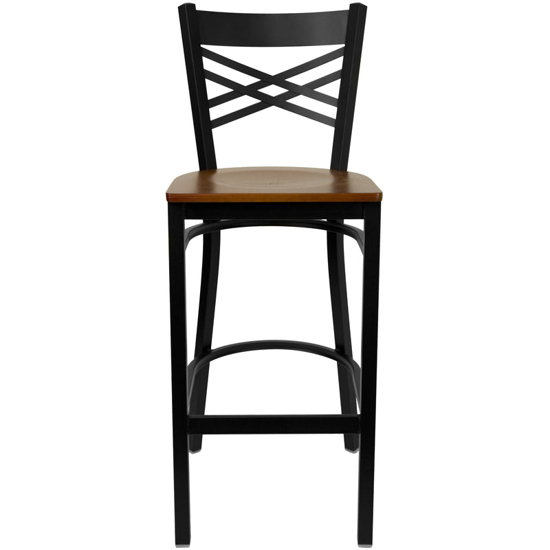 SINGLEWAVE Series Black ''X'' Back Metal Restaurant Barstool - Cherry Wood Seat