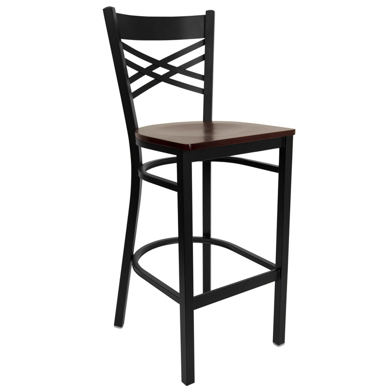 SINGLEWAVE Series Black ''X'' Back Metal Restaurant Barstool - Mahogany Wood Seat