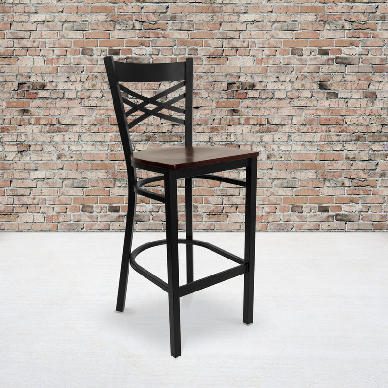 SINGLEWAVE Series Black ''X'' Back Metal Restaurant Barstool - Mahogany Wood Seat