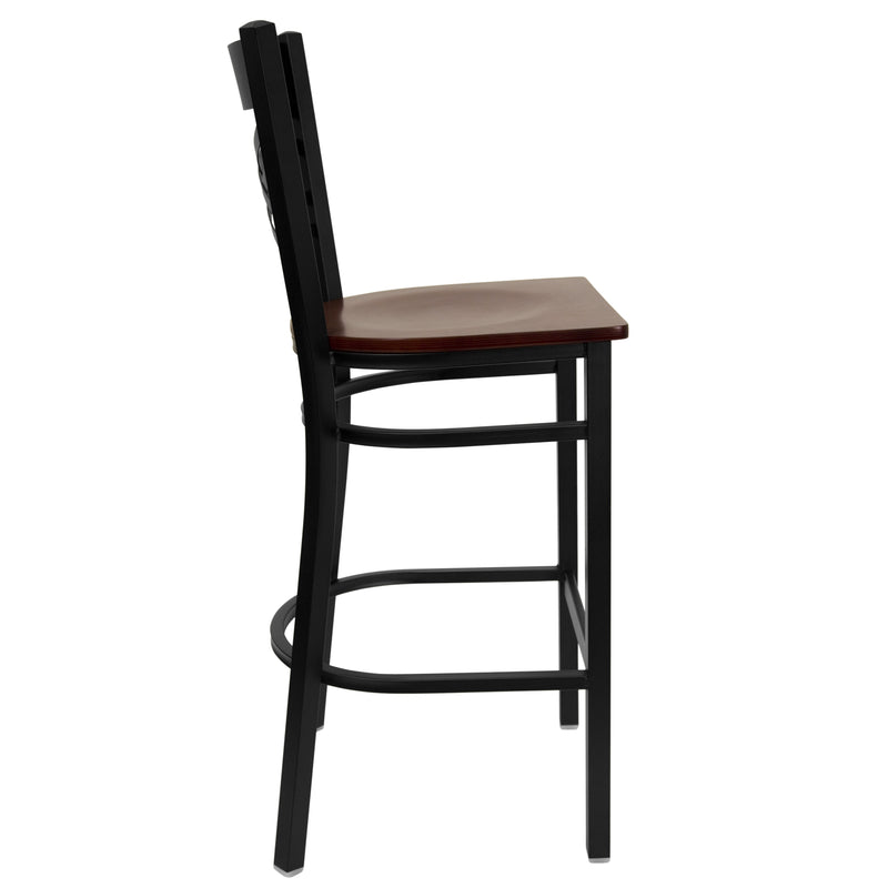 SINGLEWAVE Series Black ''X'' Back Metal Restaurant Barstool - Mahogany Wood Seat