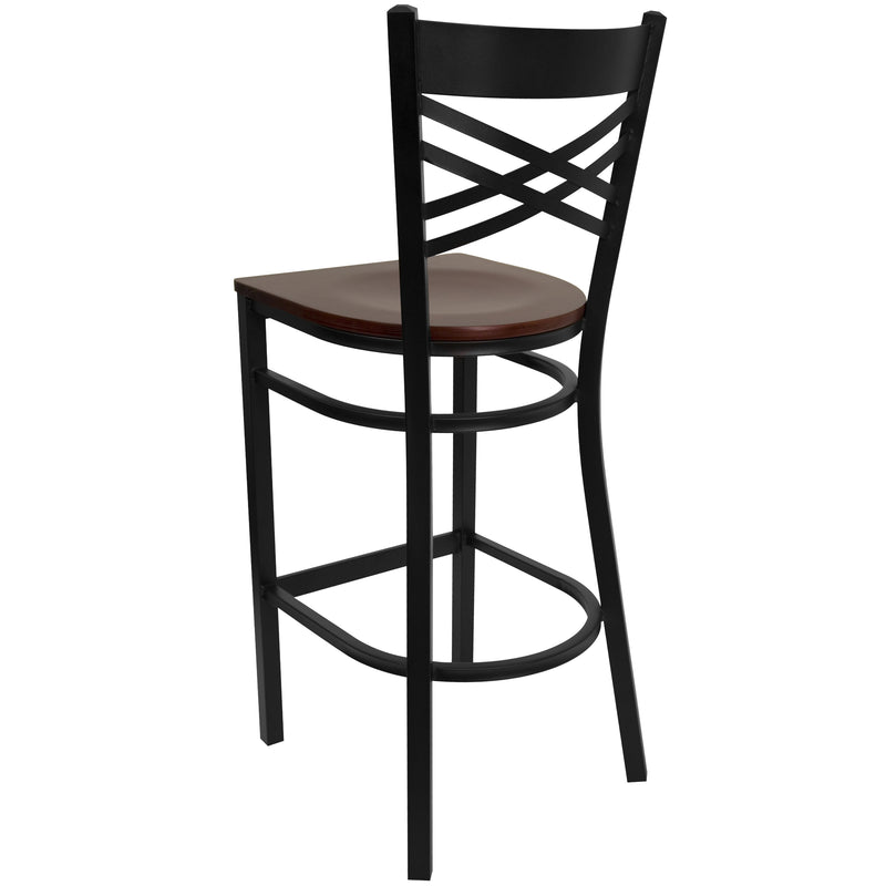 SINGLEWAVE Series Black ''X'' Back Metal Restaurant Barstool - Mahogany Wood Seat