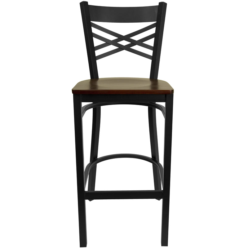 SINGLEWAVE Series Black ''X'' Back Metal Restaurant Barstool - Mahogany Wood Seat