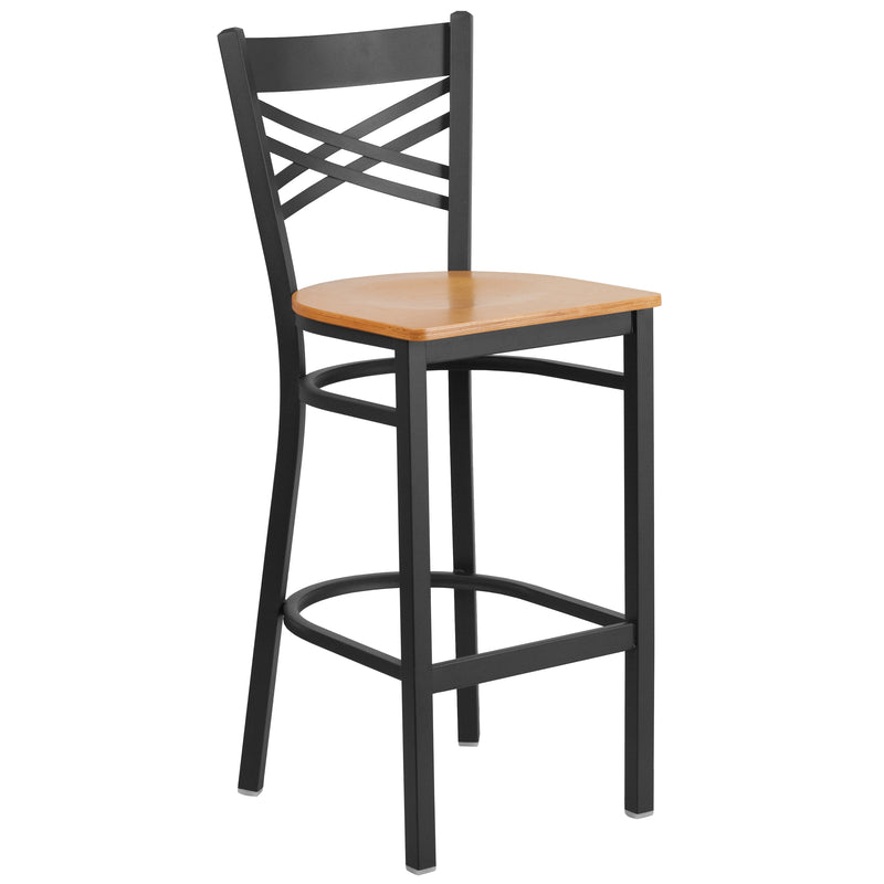 SINGLEWAVE Series Black ''X'' Back Metal Restaurant Barstool - Natural Wood Seat