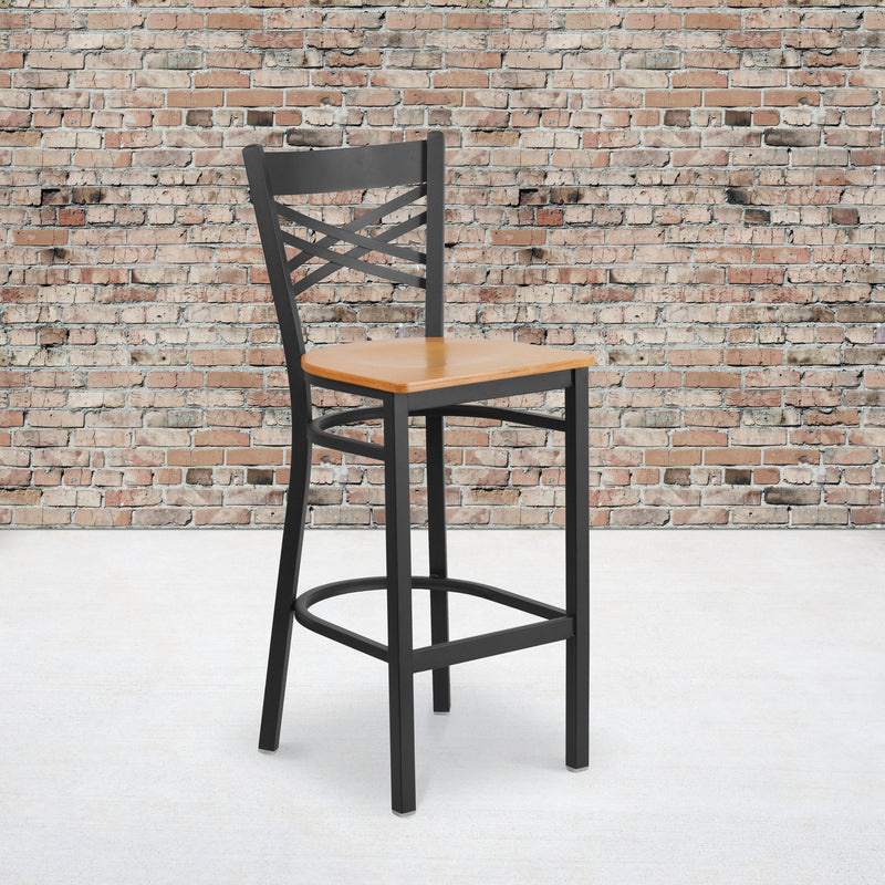 SINGLEWAVE Series Black ''X'' Back Metal Restaurant Barstool - Natural Wood Seat