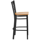 SINGLEWAVE Series Black ''X'' Back Metal Restaurant Barstool - Natural Wood Seat