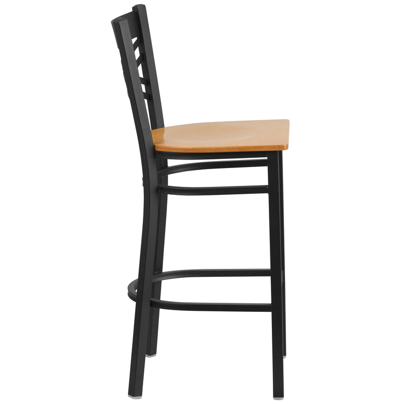 SINGLEWAVE Series Black ''X'' Back Metal Restaurant Barstool - Natural Wood Seat