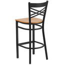 SINGLEWAVE Series Black ''X'' Back Metal Restaurant Barstool - Natural Wood Seat