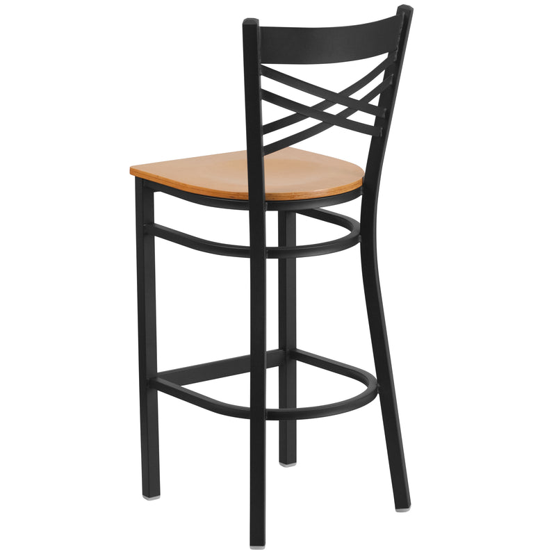 SINGLEWAVE Series Black ''X'' Back Metal Restaurant Barstool - Natural Wood Seat