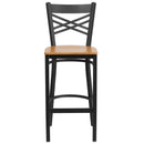 SINGLEWAVE Series Black ''X'' Back Metal Restaurant Barstool - Natural Wood Seat